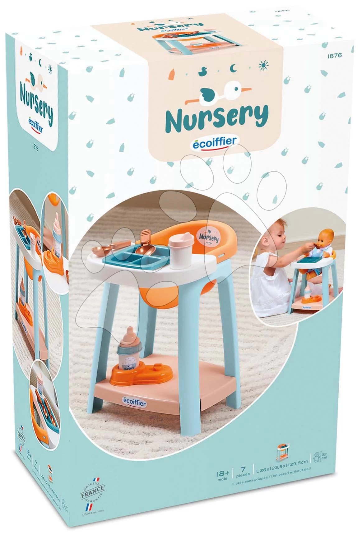 ECOIFFIER Hochstuhl Baby High Chair Vert Azur Écoiffier Mit Zubehör Für Eine 30 Cm Große Puppe Ab 18 Monaten ECO1876