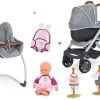 Puppenwagen-Set DeLuxe Pastell Maxi Cosi&Quinny Sport Grey 3in1 Smoby Und Stuhl, Autositz Und Schaukel Mit Puppe Mit Trage Und 2 Kleidern -Spielzeugpuppen Geschäft 253104set 19 smoby set 2