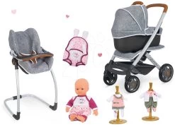 Puppenwagen-Set DeLuxe Pastell Maxi Cosi&Quinny Sport Grey 3in1 Smoby Und Stuhl, Autositz Und Schaukel Mit Puppe Mit Trage Und 2 Kleidern