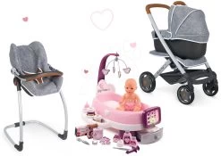 Puppenwagen-Set DeLuxe Pastell Maxi Cosi&Quinny Sport Grey 3in1 Smoby Und Stuhl Autositz Und Schaukel Mit Pflege